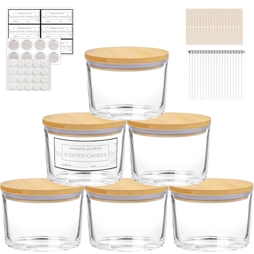 CONNOO Kerzengläser mit 3 Dochten, transparent, leere Glas-Weitöffnung, mit Bambusdeckel, klebrigen Warnschildern und einem Kerzendocht-Set für die Kerzenherstellung, spülmaschinenfest, 6 Stück CONNOO Kerzengläser mit 3 Dochten, transparent, leere Glas-Weitöffnung, mit Bambusdeckel, klebrigen Warnschildern und einem Kerzendocht-Set für die Kerzenherstellung, spülmaschinenfest, 6 Stück von CONNOO