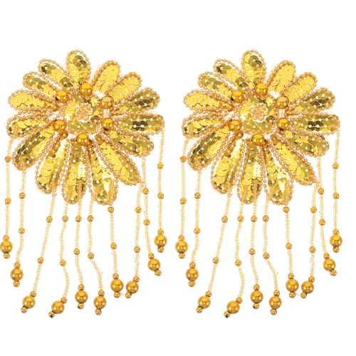 COOLHIYA 2 Stück Pailletten-Applikationen mit Quaste, Fransen, Perlen – Schulter-Epauletten, Abzeichen, Blume, Strass, Schulterbrosche, Verzierungen für Kostüm, golden von COOLHIYA