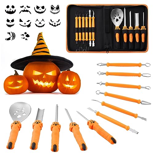 COOLUCK Kürbis Schnitzset mit Vorlagen, 11 Stück Halloween Kürbis Schnitzwerkzeug Carving Set mit Tragetasche und 10 Stück Schnitzvorlagen, Kürbis Schnitzmesser für Kinder & Erwachsene COOLUCK Kürbis Schnitzset mit Vorlagen, 11 Stück Halloween Kürbis Schnitzwerkzeug Carving Set mit Tragetasche und 10 Stück Schnitzvorlagen, Kürbis Schnitzmesser für Kinder & Erwachsene von COOLUCK