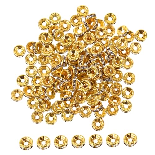 COOPHYA 100Stücke Goldene Strass Spacer Perlen für Schmuckherstellung Runde Messingperlen mit Großem DIY Armband Zubehör Kristall Fokalperlen für Bastelprojekte von COOPHYA