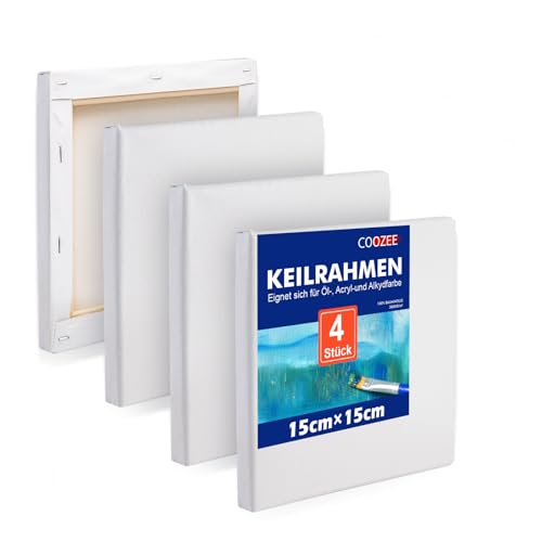 COOZEE 4 Stück Keilrahmen Set 15x15 cm - Säurefreie Leinwand Set aus 100% Baumwolle Leinwände 380 g/m² - Leinwand zum Bemalen für Acryl-, Aquarell-, Ölfarbe von COOZEE