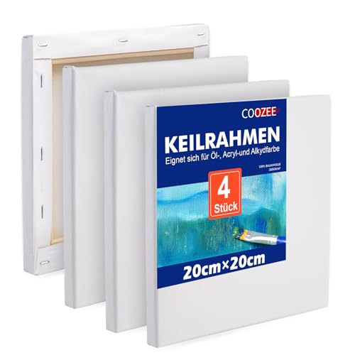 COOZEE 4 Stück Keilrahmen Set 20x20 cm- Säurefreie Leinwand Set aus 100% Baumwolle Leinwände 380 g/m² - Leinwand zum Bemalen für Acryl-, Aquarell-, Ölfarbe von COOZEE