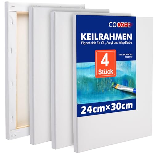 COOZEE 4 Stück Keilrahmen Set 24x30cm - Säurefreie Leinwand Set aus 100% Baumwolle Leinwände 380 g/m² - Leinwand zum Bemalen für Acryl-, Aquarell-, Ölfarbe von COOZEE