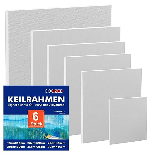 COOZEE 6 Stück Keilrahmen Set- Säurefreie Leinwand Set aus 100% Baumwolle Leinwände - Leinwand zum Bemalen für Acryl-, Aquarell-, Ölfarbe von COOZEE