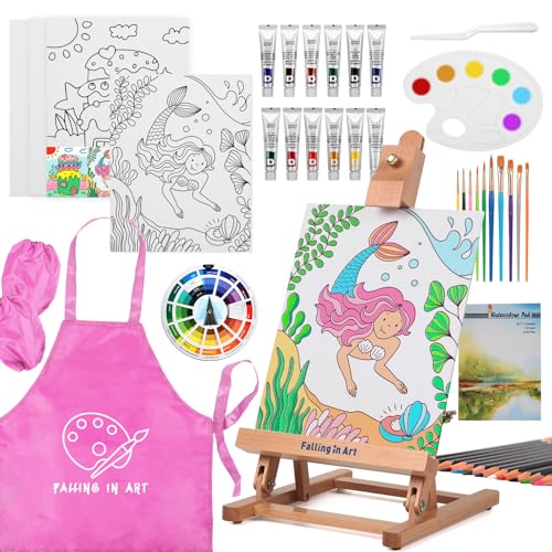 COOZEE Easel Set, 44-teiliges Malset mit Tischstaffelei, Acrylmalerei-Starterset mit 12 Acrylfarben, 12 Buntstiften, Pinseln, Leinwandplatten und Aquarellblock für Einsteiger & Hobbymaler, Rosa von COOZEE