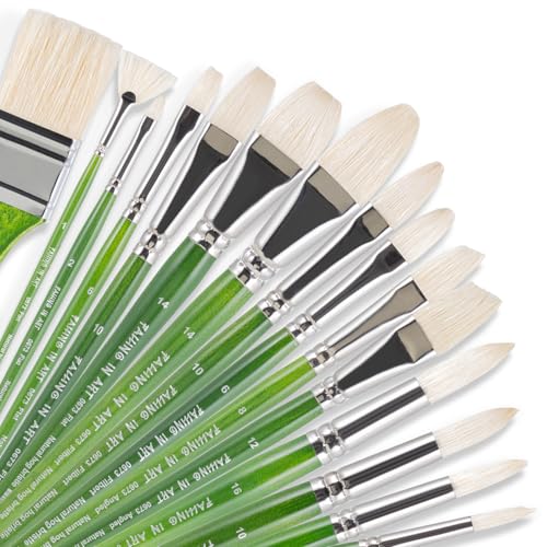 COOZEE Pinselset mit Naturborsten, 15 Stück langstielige Pinsel Set für Acrylmalerei, Ölpinsel mit fächerförmigen, runden, flachen, abgewinkelten mit Aufbewahrungstasche aus Bambus, Grün von COOZEE