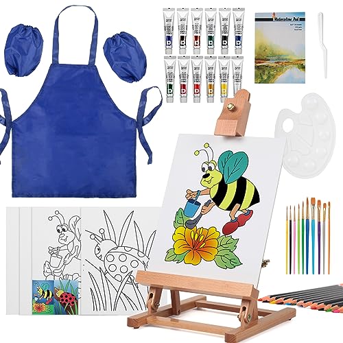 COOZEE 43-teiliges Malset für Kinder mit Tischstaffelei, Acrylmalerei-Starterset mit 12 Acrylfarben, 12 Buntstiften, Pinseln, Leinwandplatten und Aquarellblock für Einsteiger & Hobbymaler von COOZEE