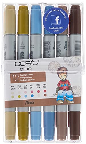 COPIC Ciao Marker 12er Set "Nostalgie Farben", Allround Layoutmarker, im praktischen Acryl-Display zur Aufbewahrung und einfachen Entnahme von Copic