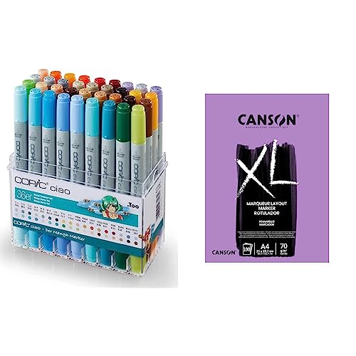 COPIC Ciao Marker 36er Manga Starter Set, alkoholbasierte Allround Layoutmarker, im praktischen Acryl-Display & CANSON 297236 XL® Marker, Markerblock, DIN A4, 100 Blatt, 70 g/m² von Copic