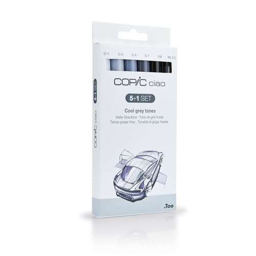 COPIC Ciao Marker 5+1 Set "Grautöne", 5 Allround-Layoutmarker mit einer mittelbreiten und einer Brush-Spitze, inkl. 1 Multiliner 0,3 mm von Copic