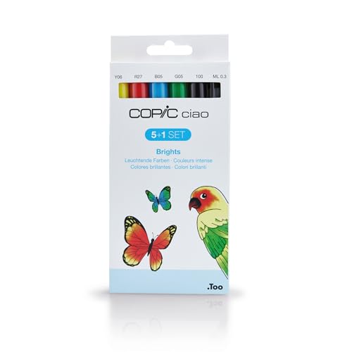 COPIC Ciao Marker 5+1 Set "Leuchtende Farben", 5 Allround-Layoutmarker, mit einer mittelbreiten und einer Brush-Spitze, inkl. 1 Multiliner 0,3 mm von Copic