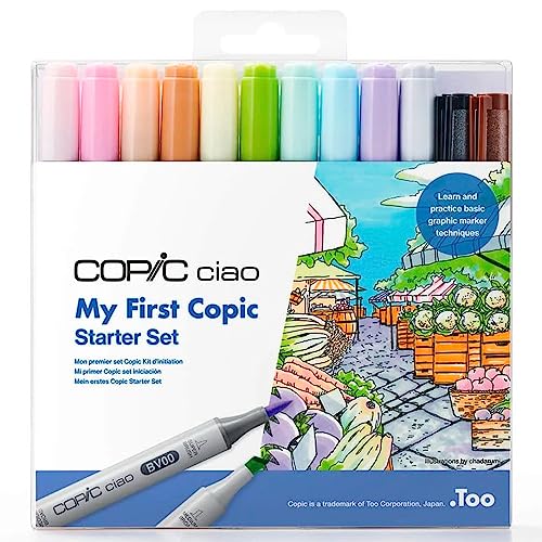 COPIC Ciao Marker My First Copic Starter Set, 10x Copic Ciao Marker, 2x Copic Multiliner, 3x Strichzeichnungen zum Üben, 8x Blatt Premium Bondpapier A6, Anleitung von Copic