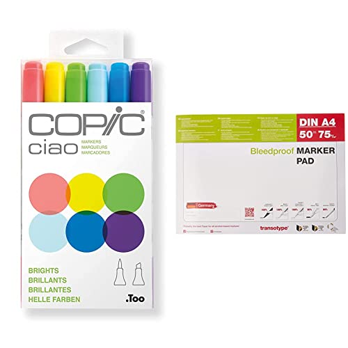 COPIC Ciao Marker Set Brights mit 6 Farben & Marker Pad, Layoutpapier für den Einsatz von Alkohol-Markern, DIN A4, 70 g/qm, 50 Blatt, extrem weiß, säurefrei, Farbe schlägt nicht durch von Copic