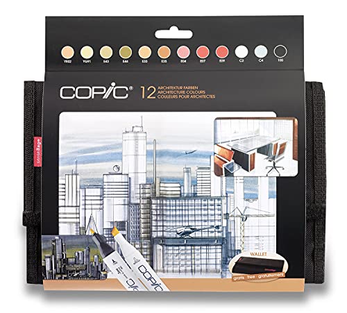 COPIC Classic Marker 12er Set "Architektur-Farben" im Wallet, professionellee Layoutmarker mit einer mittelbreiten und einer feinen Spitze von Copic