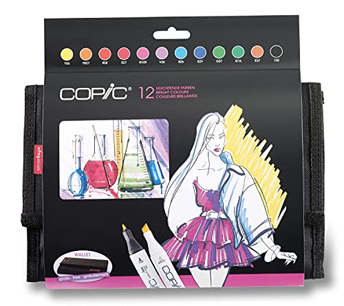 COPIC Classic Marker 12er Set "Leuchtende Farben" im Wallet, professionellee Layoutmarker mit einer mittelbreiten und einer feinen Spitze von Copic