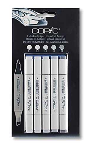 COPIC Classic Marker Set "Industriedesign" mit 5 Grau-Tönen, professionellee Layoutmarker mit einer mittelbreiten und einer feinen Spitze von Copic