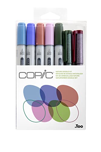 COPIC Ciao Set "Nature Doodle Kit", 7er Set mit 5 Twin Marker mit einer mittelbreiten und einer Brush-Spitze inkl. 2 Multiliner Wine und Olive 0,3 mm von Copic