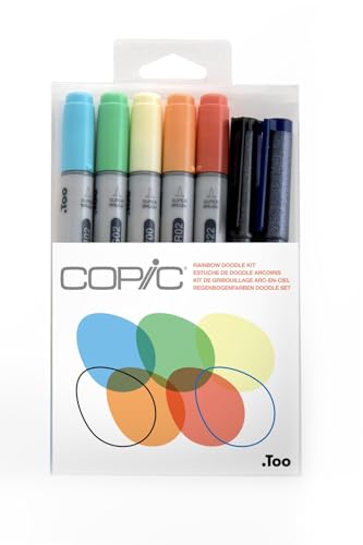 COPIC "Doodle Kit People", 7er Set Stifte farblich abgestimmt zum Thema Regenbogen, bestehend aus 5 Copic Ciao Markern und 2 Multi Linern, professionelle Design-Marker und Fineliner von Copic