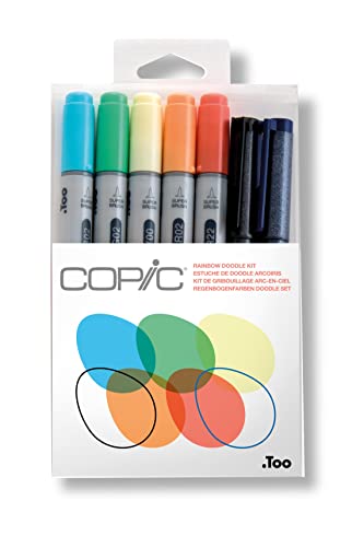 COPIC Ciao Set "Rainbow Doodle Kit", 7er Set mit 5 Twin Marker mit einer mittelbreiten und einer Brush-Spitze inkl. 2 Multiliner Cobalt und Black 0,3 mm von Copic