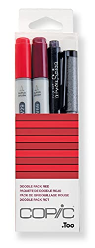 COPIC "Doodle Pack Red", 4er Set farblich abgestimmt in Rot, bestehend aus 2 Ciao Markern, 1 Multi Liner und 1 Glitter Pen von Copic