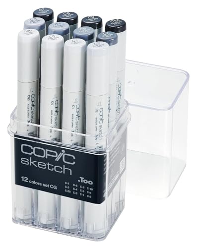 COPIC Sketch Marker Set "CG" mit 12 Grautönen im Acryl-Display, professionellee Pinselmarker mit einer flexiblen und einer mittelbreiten Spitze von Copic