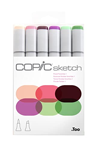 COPIC Sketch Marker Set "Floral Favorite 1" mit 6 Farben, professionelle alkoholbasierte Pinselmarker mit einer flexiblen und einer mittelbreiten Spitze von COPIC