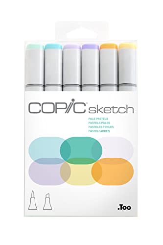 COPIC Sketch Marker Set "Pale Pastels" mit 6 Farben, professionellee Pinselmarker mit einer flexiblen und einer mittelbreiten Spitze von Copic