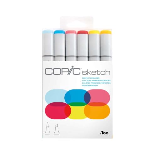 COPIC Sketch Marker Set "Perfect Primaries" mit 6 Farben, professionellee Pinselmarker mit einer flexiblen und einer mittelbreiten Spitze von Copic