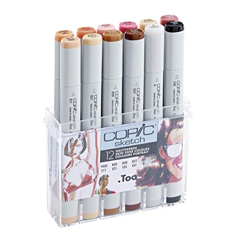 COPIC Sketch Marker Set "Porträt" mit 12 Farben im Acryl-Display, professionellee Pinselmarker mit einer flexiblen und einer mittelbreiten Spitze von Copic