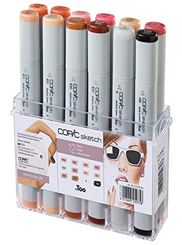 COPIC Sketch Marker Set "Porträt" mit 12 Farben im Acryl-Display, professionellee Pinselmarker mit einer flexiblen und einer mittelbreiten Spitze von Copic