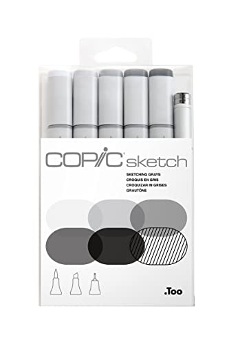COPIC Sketch Marker Set "Sketching Grays" mit 6 Farben, professionellee Pinselmarker mit einer flexiblen und einer mittelbreiten Spitze von Copic