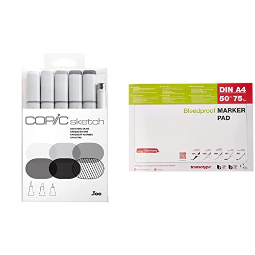 COPIC Sketch Marker Set Sketching Grays mit 6 Farben & Marker Pad, Layoutpapier für den Einsatz von Alkohol-Markern, DIN A4, 70 g/qm, 50 Blatt, extrem weiß, säurefrei, Farbe schlägt nicht durch von Copic