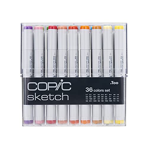 COPIC Sketch Marker Set mit 36 Farben, professionelle Pinselmarker, im praktischen Acryl-Display zur Aufbewahrung und einfachen Entnahme von Copic