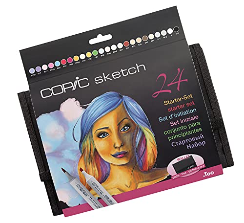 COPIC Sketch Marker Starter-Set mit 24 leuchtenden Farben im Wallet, professionellee Pinsel-Marker mit einer flexiblen und einer mittelbreiten Spitze von Copic