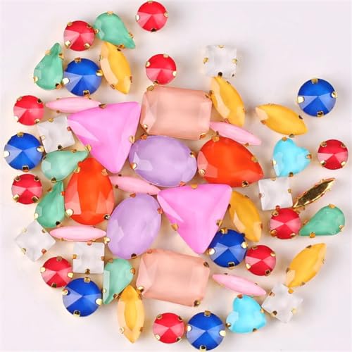 COQALINEX Kristalle nähen, 50 Stück/Beutel Goldfarbene Krallenfassung for Aufnähen von Strasssteinen in 11 Formen, Mix aus hellem Pfirsich und AB-Farben, Glaskristallperlen(Jelly Candy Mix) von COQALINEX