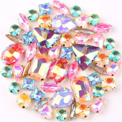 COQALINEX Kristalle nähen, 50 Teile/Beutel Gold Krallenfassung Aufnäher Strass Formen Mix Jelly Candy Lt Amethyst AB Glas Kristall(Jelly AB Mix) von COQALINEX