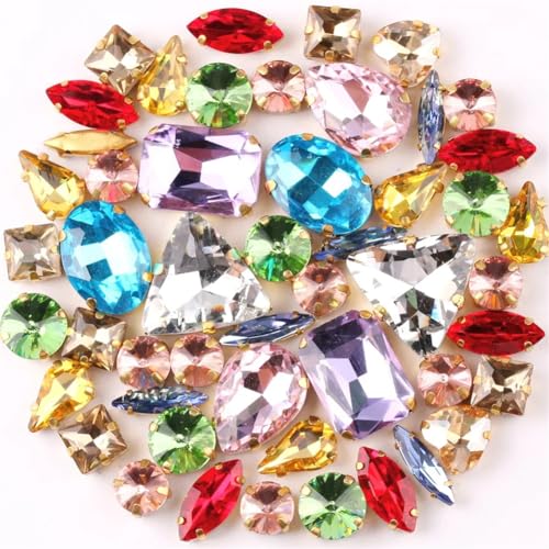 COQALINEX Kristalle nähen, 50 Teile/Beutel Gold Krallenfassung Aufnäher Strass Formen Mix Jelly Candy Orange AB Farbe Glas Kristall(Light Colors Mix) von COQALINEX