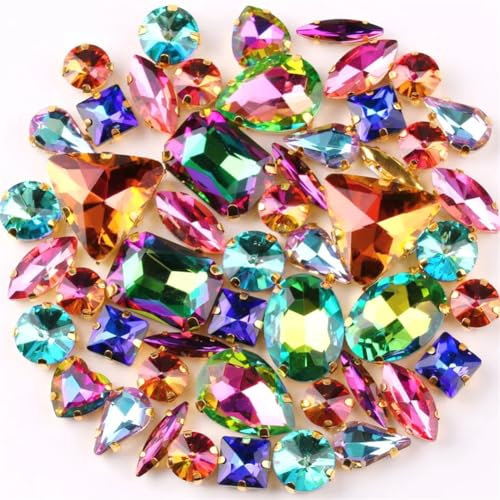 COQALINEX Kristalle nähen, 50 Teile/Beutel Gold Krallenfassung Aufnäher Strass Formen Mix Jelly Candy Orange AB Farbe Glas Kristall(Rainbow Mix) von COQALINEX