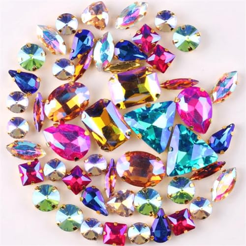 COQALINEX Kristalle nähen, 50 Teile/Beutel Gold Krallenfassungen Aufnäher Strass Formen Mix Jelly Candy Pink Glas Kristall DIY Trim(50pcs AB Colors Mix) von COQALINEX