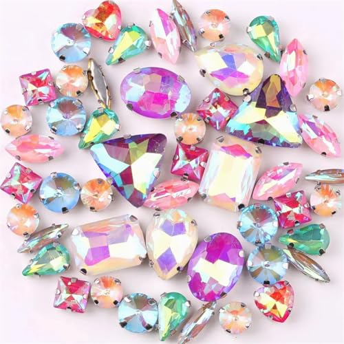 COQALINEX Kristalle nähen, 50 Teile/Beutel Silber Krallenfassung Aufnäher Strass Jelly Candy Pink AB Farbe Formen Mix Glas Kristall(Jelly AB Mix) von COQALINEX