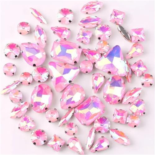 COQALINEX Kristalle nähen, 50 Teile/Beutel Silber Krallenfassungen Aufnäher Strass Formen Mix Farben Mix Glas Kristall DIY Applikation(50pcs Pink AB) von COQALINEX
