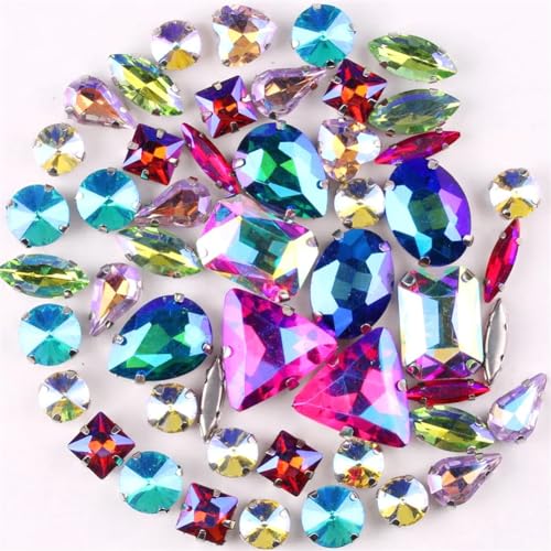 COQALINEX Kristalle nähen, 50 Teile/Beutel Silber Krallenfassungen Aufnäher Strass Formen Mix Jelly Candy Pink Glas Kristall Applikation(50pcs AB Colors Mix) von COQALINEX
