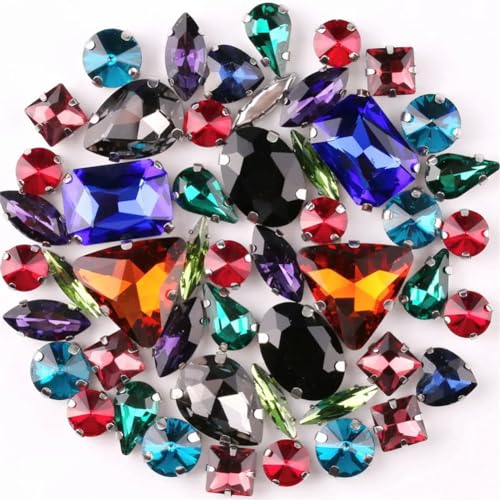 COQALINEX Kristalle nähen, 50 Teile/Beutel Silber Krallenfassungen Aufnäher Strass Formen Mix Jelly Candy Pink Glas Kristall Applikation(50pcs Dark Colors Mix) von COQALINEX