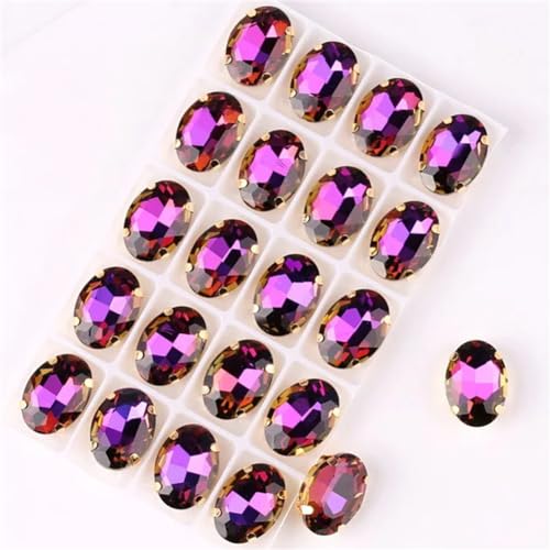 COQALINEX Kristalle nähen, Ovale Form, goldene Krallenfassungen for Aufnähen von Strass-Applikation, 20 Stück/Packung, Farben gemischt, Glaskristall(10x14mm 20pcs A12 Amethyst Rb) von COQALINEX