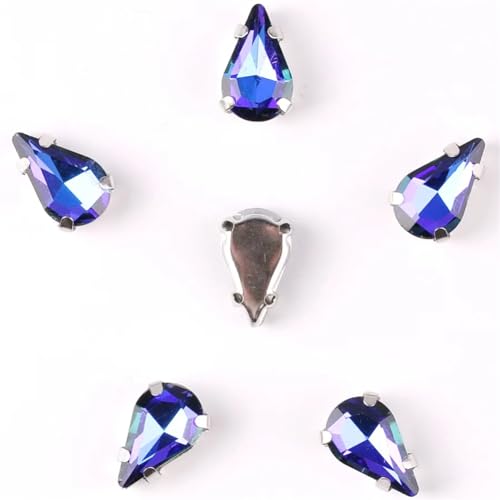 COQALINEX Kristalle nähen, Schlanke Wassertropfenform for Aufnähen von Strasssteinen, 8 x 13 mm, 50 Stück/Beutel, Silberne Krallenfassungen, Kristallapplikation(A5 Montana RB) von COQALINEX