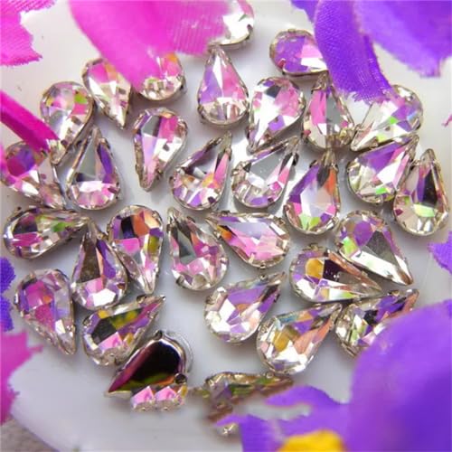 COQALINEX Kristalle nähen, Silberne Klaue, Glaskristall, Wassertropfen, Birnenform, ausgefallene Farben, for Aufnähen von Strass-Perlen, DIY-Applikation(6x10mm 50pcs A1 Clear) von COQALINEX