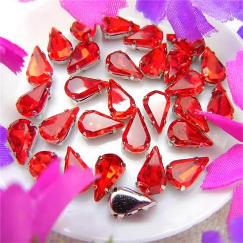 COQALINEX Kristalle nähen, Silberne Klaue, Glaskristall, Wassertropfen, Birnenform, ausgefallene Farben, for Aufnähen von Strass-Perlen, DIY-Applikation(6x10mm 50pcs A20 Red) von COQALINEX
