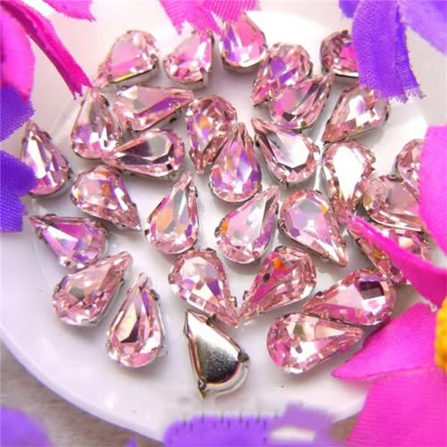 COQALINEX Kristalle nähen, Silberne Klaue, Glaskristall, Wassertropfen, Birnenform, ausgefallene Farben, for Aufnähen von Strass-Perlen, DIY-Applikation(6x10mm 50pcs A25 Pink) von COQALINEX