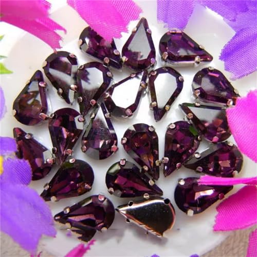 COQALINEX Kristalle nähen, Silberne Klaue, Glaskristall, Wassertropfen, Birnenform, ausgefallene Farben, for Aufnähen von Strass-Perlen, DIY-Applikation(8x13mm 50pcs A12 Amethyst) von COQALINEX