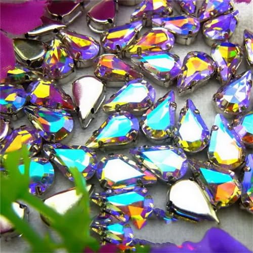 COQALINEX Kristalle nähen, Silberne Klaue, Glaskristall, Wassertropfen, Birnenform, ausgefallene Farben, for Aufnähen von Strass-Perlen, DIY-Applikation(8x13mm 50pcs A38 Violet AB) von COQALINEX